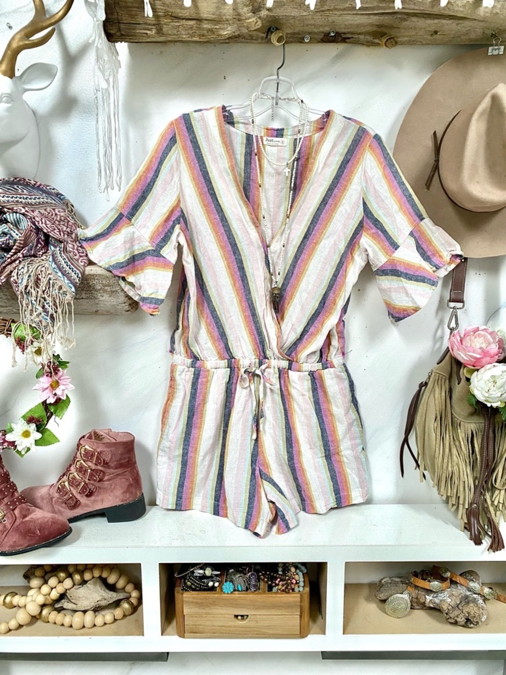 Pastel dream LINEN boho stripe romper w resort vacay beach shabby chic vibe